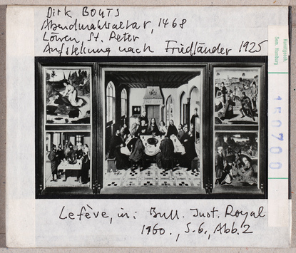 Vorschaubild Dieric Bouts d. Ä.: Abendmahlsaltar, Gesamtansicht nach Friedländer 1925. Löwen, Peterskirche 